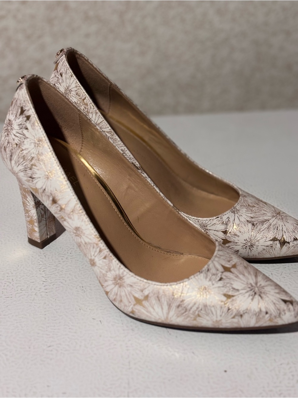 Michael Kors Cream Floral Block Heel Pumps with Gold Accents